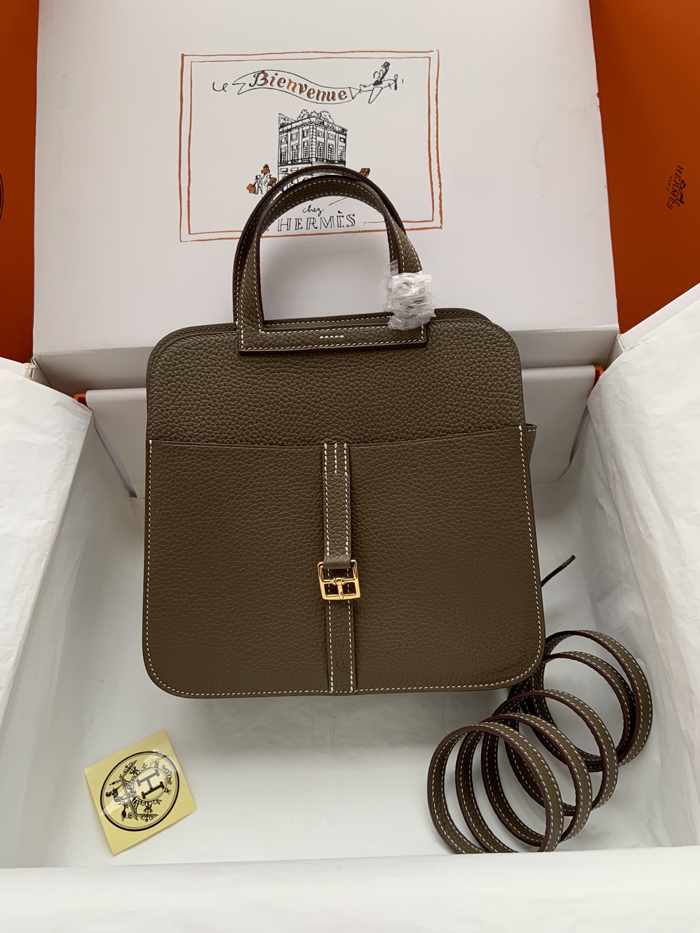 Hermes Halzan 25 Handbag Shoulder Bag In Etoupe Clemence Leather